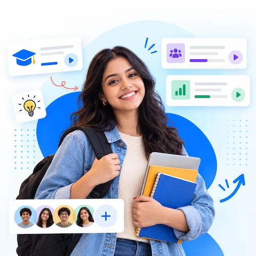 Smiling student holding notebooks, surrounded by online HR course cards